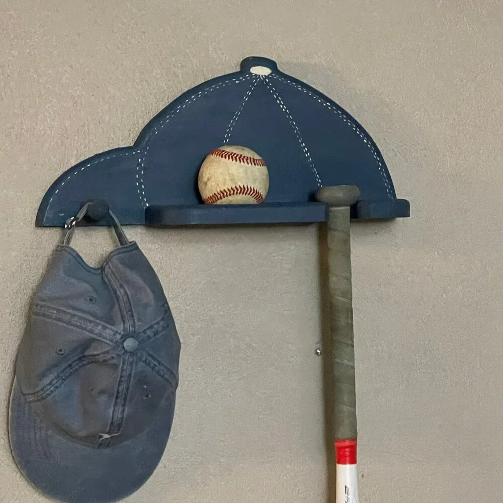 Wall Mounted Wooden Baseball Bat Rack Display Holder and Hat Hook Blue